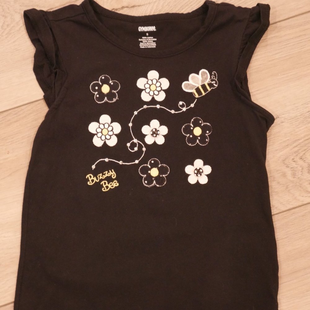 Gymboree Girls Black T-Shirt With Flowers and a Bee - Size 5